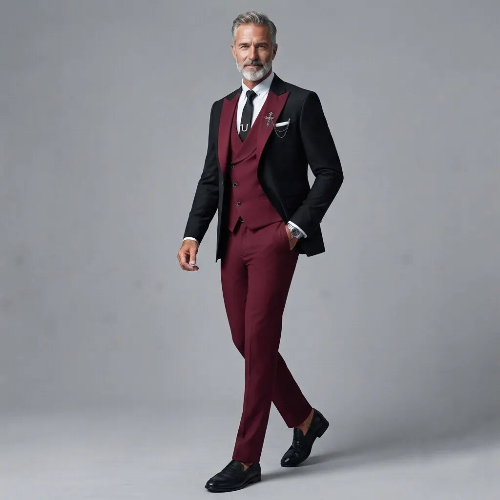 Men's Business Contrast Peak Lapel Blazer & Asymmetric Button Shawl Lapel Vest & Pants 3Pcs Suit