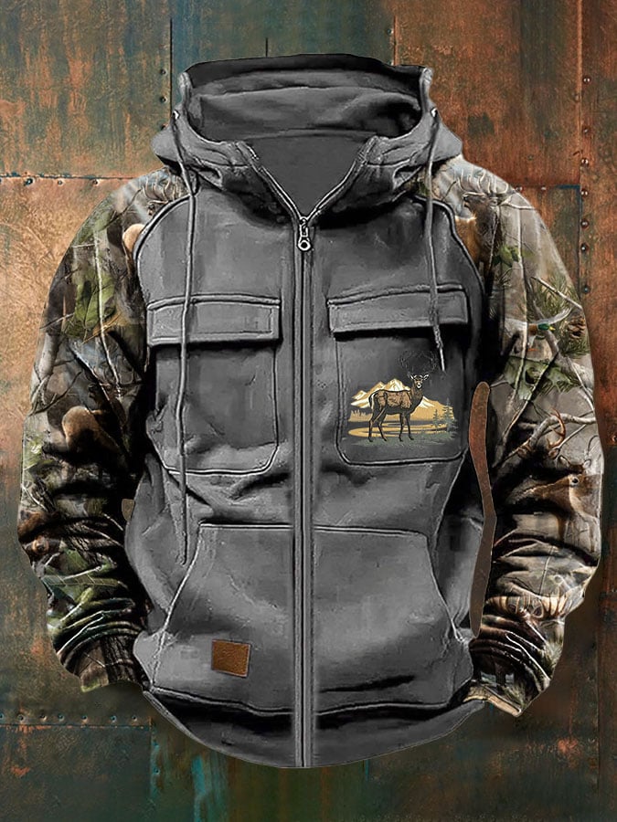 Men's Vintage Western Deer Print Multi-Pocket Jacket