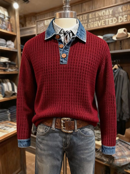 Men's Retro Denim Patchwork Button-Up Sweatshirt
