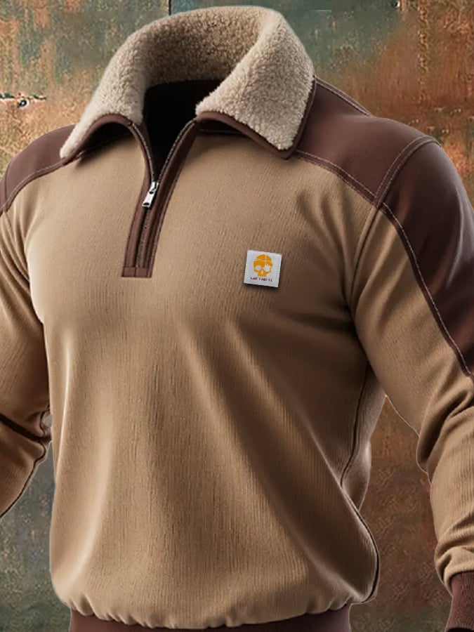 Men's Retro Splicing Zipper Fur Collar Sweatshirt