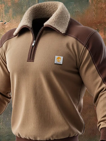 Men's Retro Splicing Zipper Fur Collar Sweatshirt