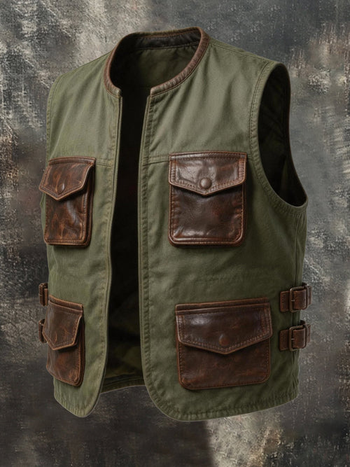 Men's Vintage Leather-Panel Multi-Pocket Utility Vest