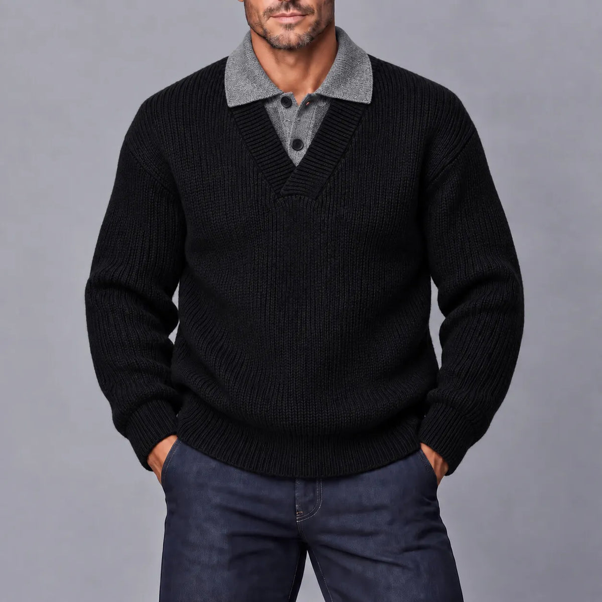 Men's Casual Solid Color Ribbed Knit Polo Collar Thick 2 in1 Pullover Sweater
