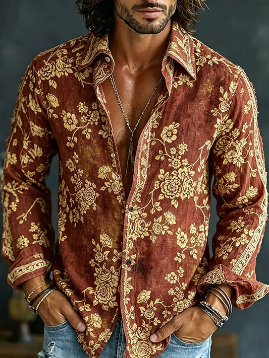 Men's Vintage Floral Printed Long Sleeve Shirt