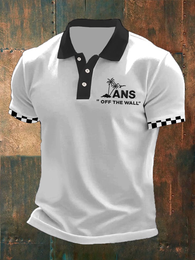 Men's sports LOGO print contrast color casual polo shirt