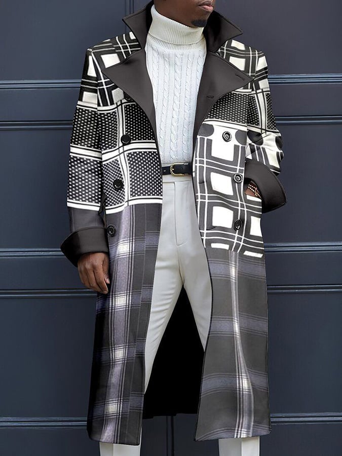 Men's Fashion Geometric Print Double Breasted Casual Windbreaker Coat
