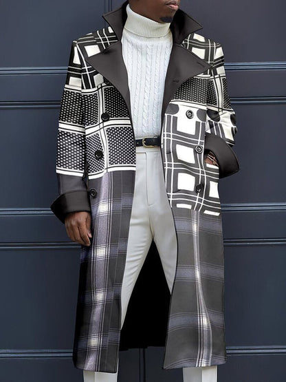 Men's Fashion Geometric Print Double Breasted Casual Windbreaker Coat