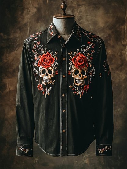 Men's Retro Casual Skull Print Long Sleeve Shirt