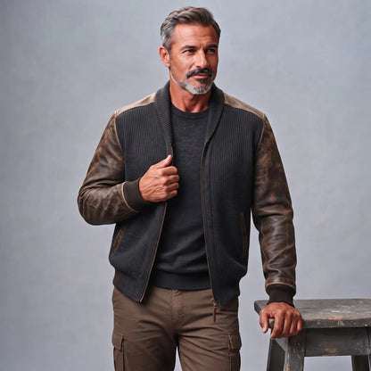 Men's Charcoal Ribbed Knit Shawl Lapel PU Leather Patchwork Long Sleeve Zipper Cardigan