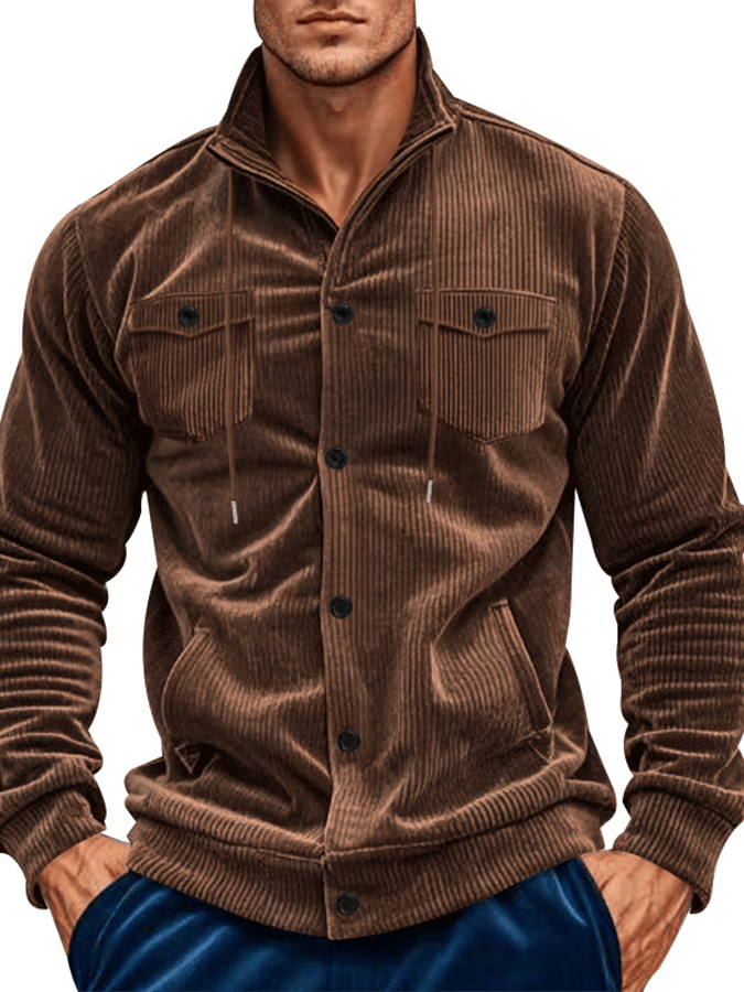 Men's Jacquard Stand Collar Solid Color Retro Multi-Pocket Jacket