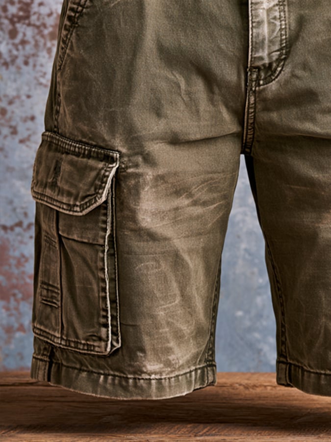 Men's Retro Outdoor Multi-Pocket 100% Cotton Washed Cargo Shorts