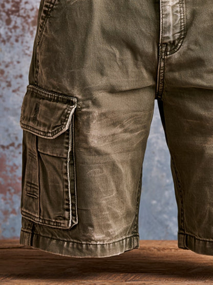 Men's Retro Outdoor Multi-Pocket 100% Cotton Washed Cargo Shorts