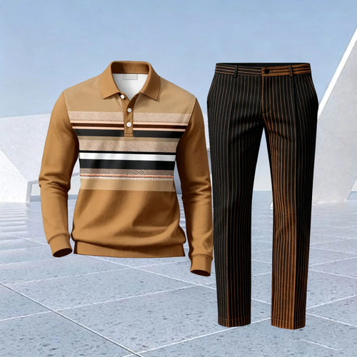 Men's Two-Piece Set: Color-Blocked Striped Polo Shirt and Pants