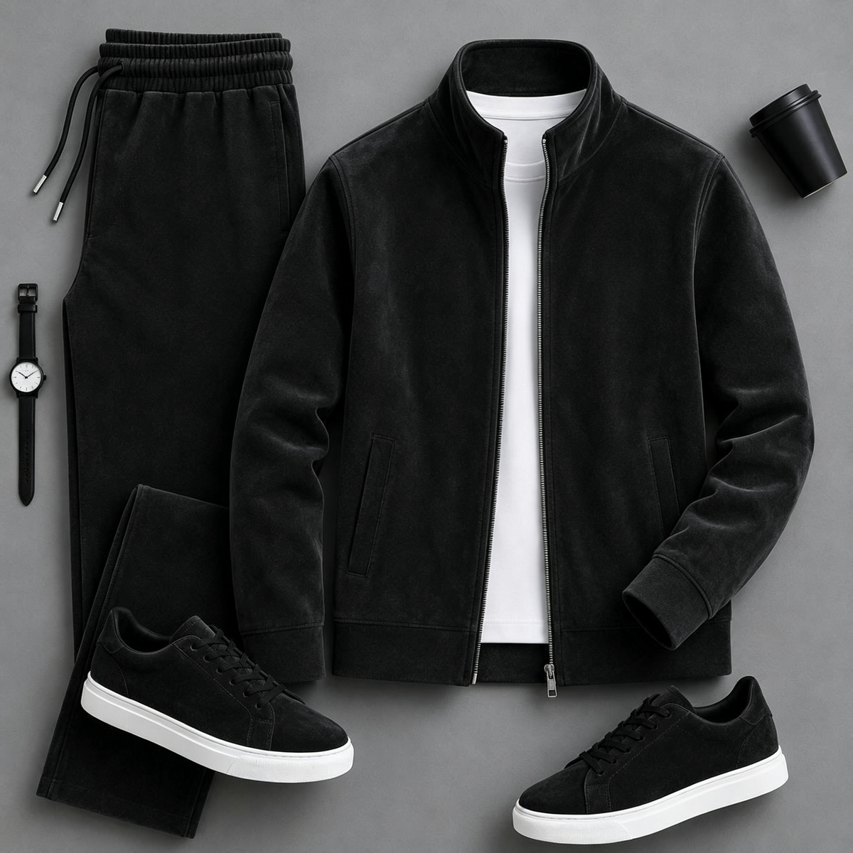 Men's Solid-Color Zipper Hoodie and Pants Set