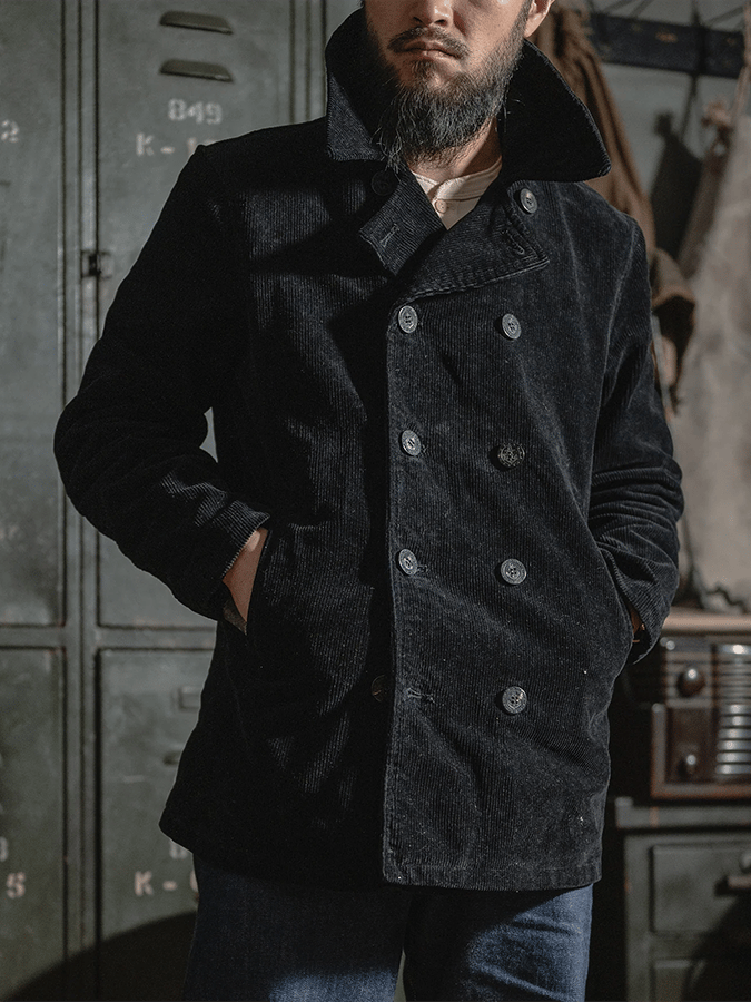 Men's Stylish Double With Pocket Design Breasted Casual Corduroy Coat