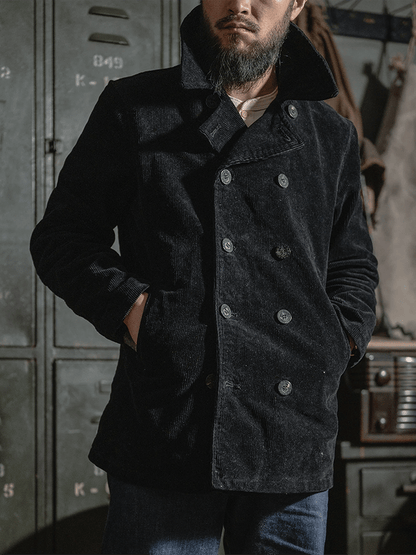 Men's Stylish Double With Pocket Design Breasted Casual Corduroy Coat