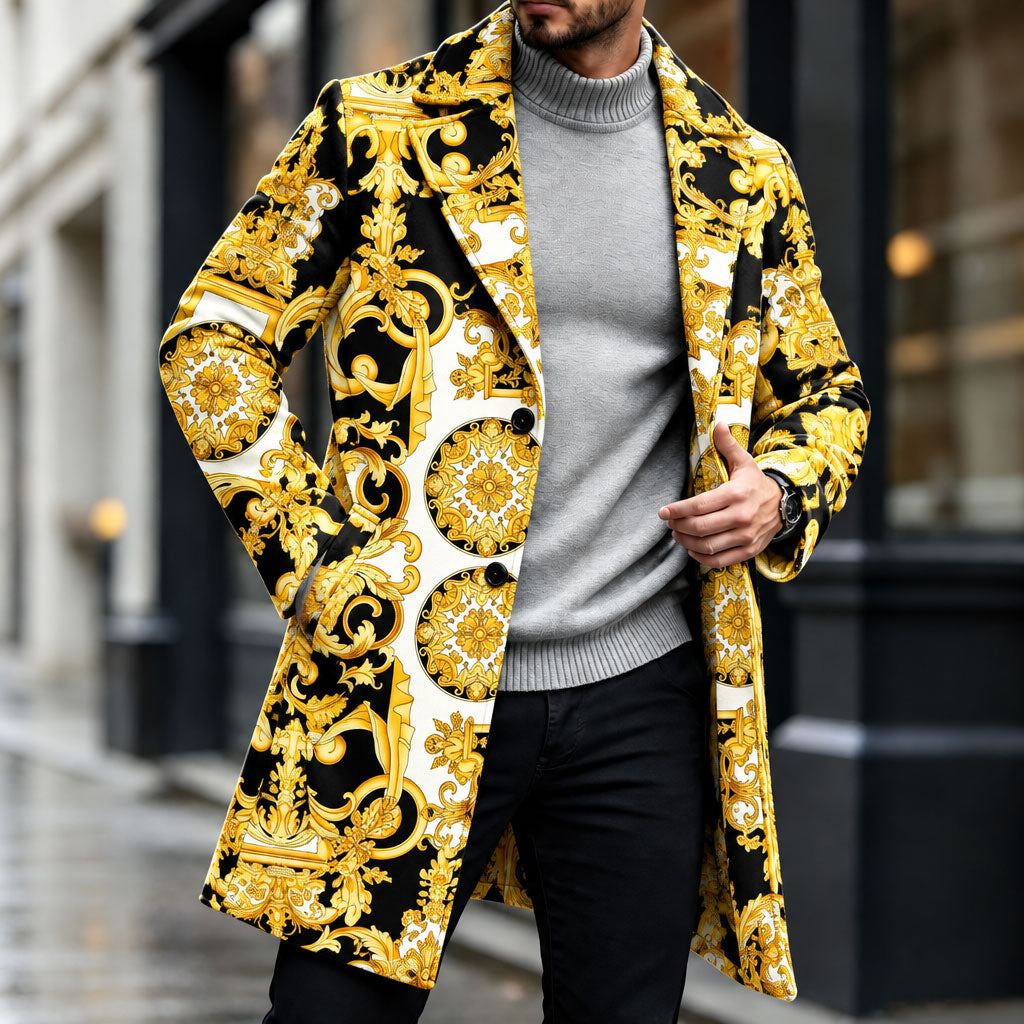 Men's Black and Gold Printed Wool Overcoat