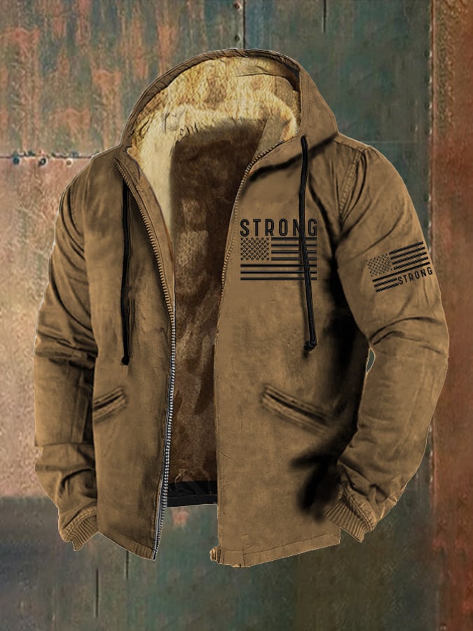 Men's Retro Strong Flag Print Zip Hooded Jacket