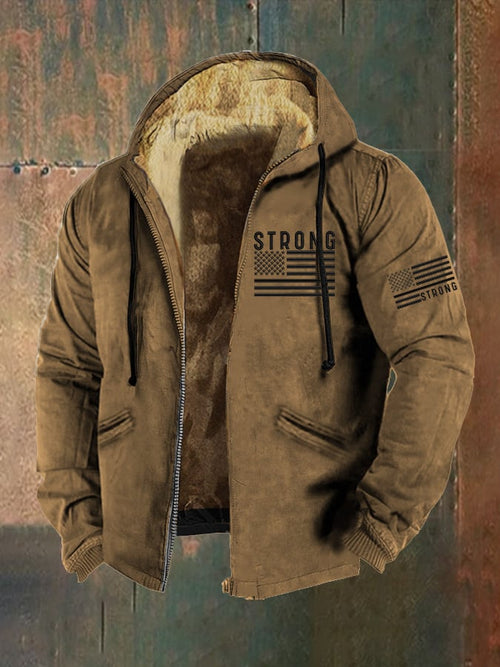 Men's Retro Strong Flag Print Zip Hooded Jacket