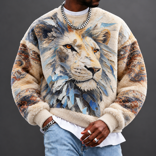 Men's Mosaic Lion Head Plush Crewneck Sweatshirt