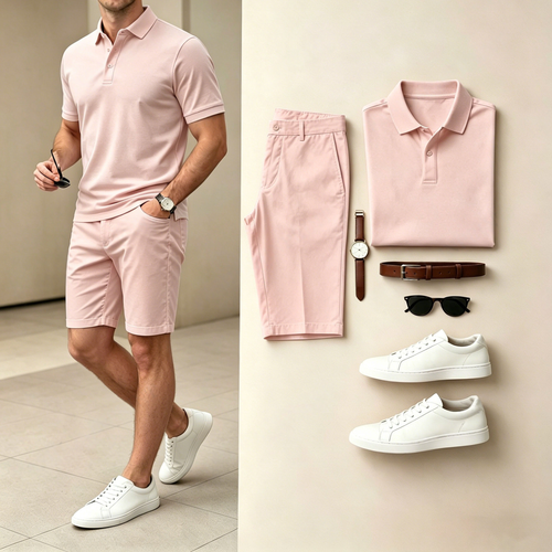 Men's Casual Solid Pink Polo Shirt And Shorts Two-Piece Set (Does Not Include Watch, Belt, Or Accessories)
