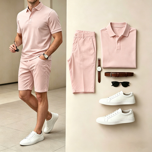 Men's Casual Solid Pink Polo Shirt And Shorts Two-Piece Set (Does Not Include Watch, Belt, Or Accessories)