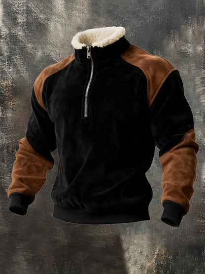 Men's Warm Suede Paneled Contrast Color Half Zip Stand Collar Sweatshirt
