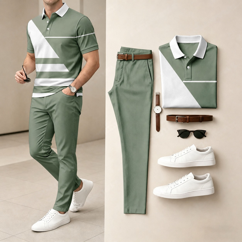 Men's Casual Color-Blocked Printed Short-Sleeve Polo Shirt And Pants Set (Excludes Accessories Such As Watches And Belts)
