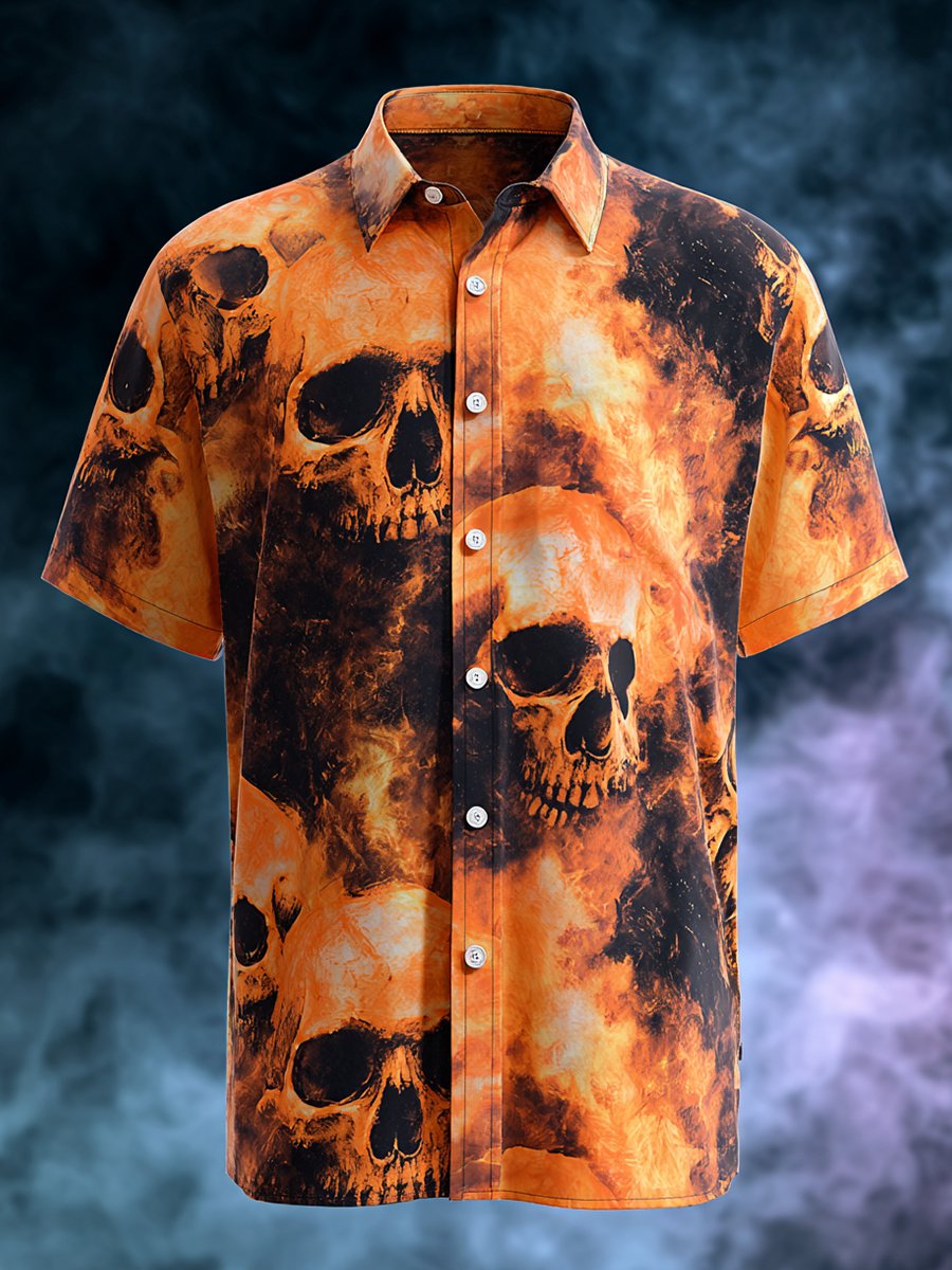 Men's Business Halloween Skull Print Lapel Short-Sleeved Shirt