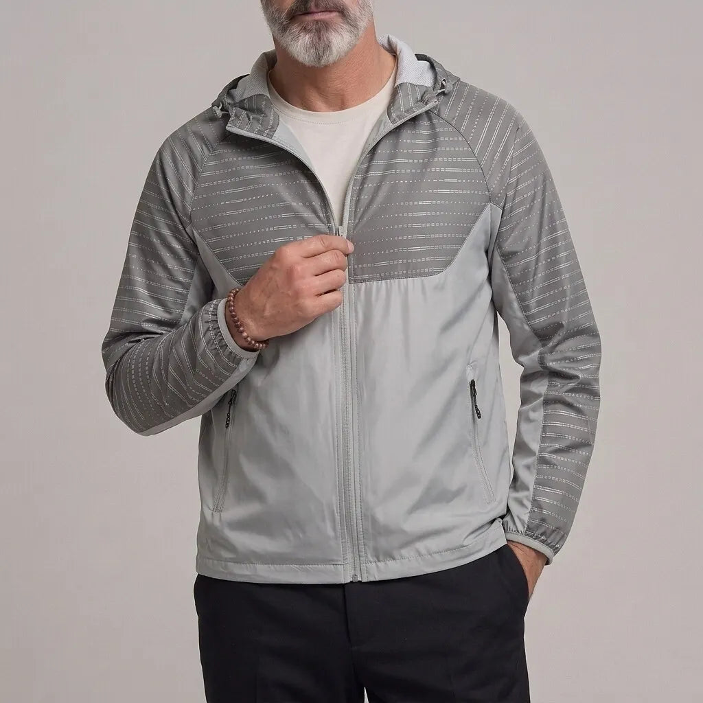 Men's Outdoor Stripe Pattern Zipper Slant Pocket Hooded Windproof Jacket