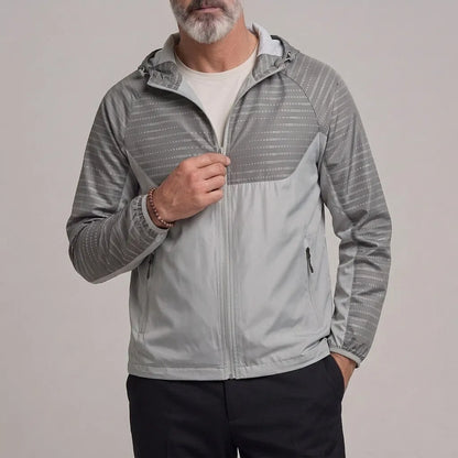 Men's Outdoor Stripe Pattern Zipper Slant Pocket Hooded Windproof Jacket