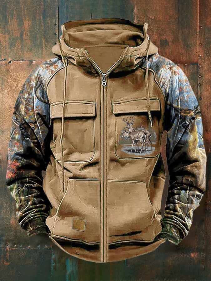 Men's Vintage Western Deer Print Multi-Pocket Jacket