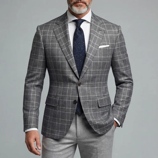 Men's Classic Formal Plaid Notched Lapel Two Button Long Sleeve Blazer