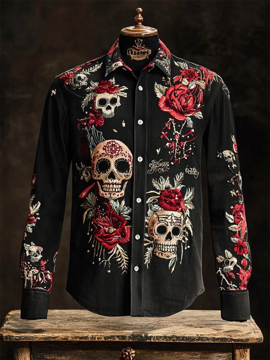 Men's Retro Casual Skull Print Long Sleeve Shirt