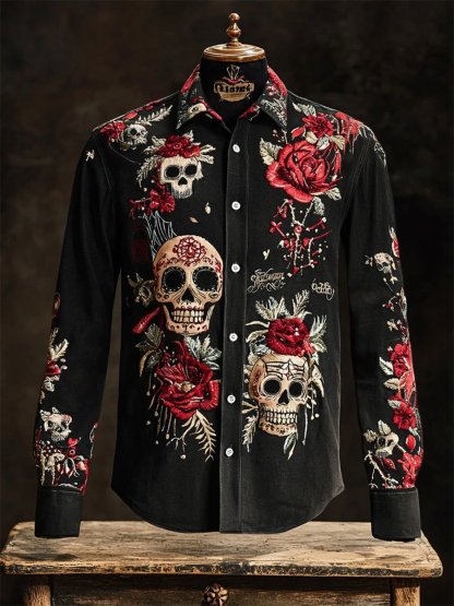 Men's Retro Casual Skull Print Long Sleeve Shirt