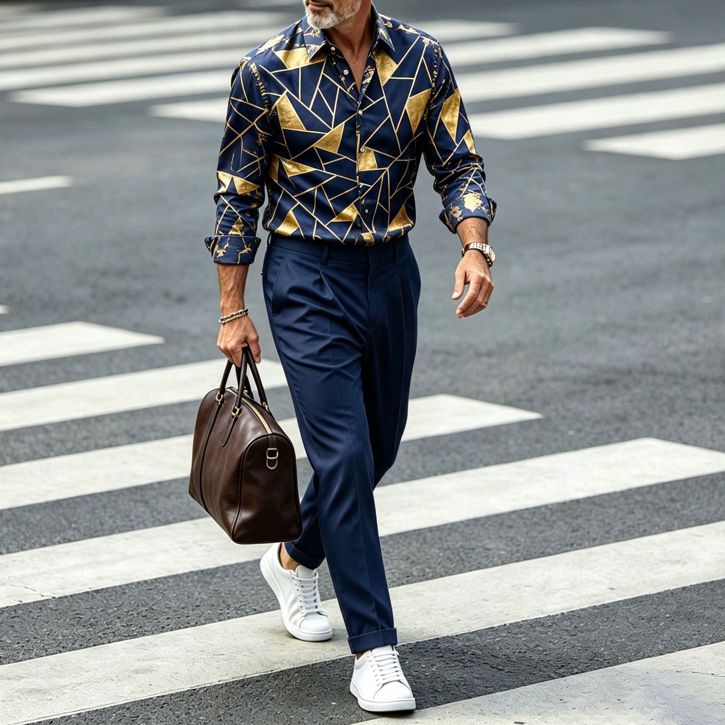 Men's Geometric Print Lapel Long-Sleeve Shirt and Pants Set