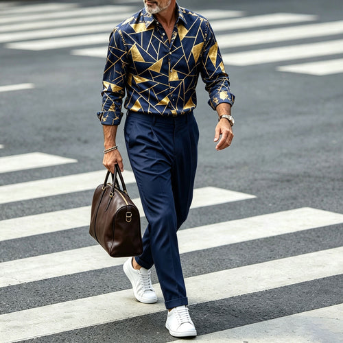 Men's Geometric Print Lapel Long-Sleeve Shirt and Pants Set