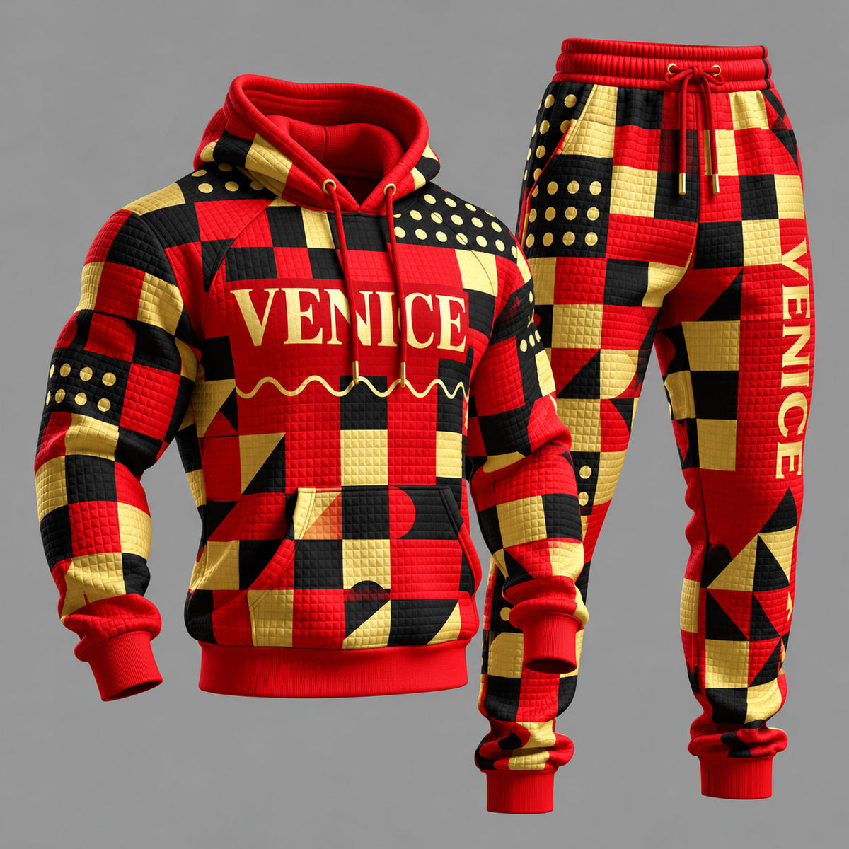 Men's Checkered Print Hoodie and Sweatpants Set