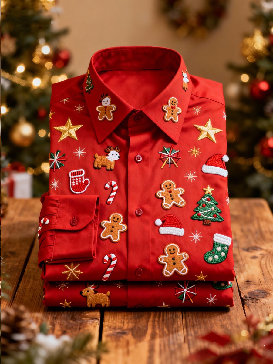Men's Business Gingerbread Print Long-Sleeve Shirt