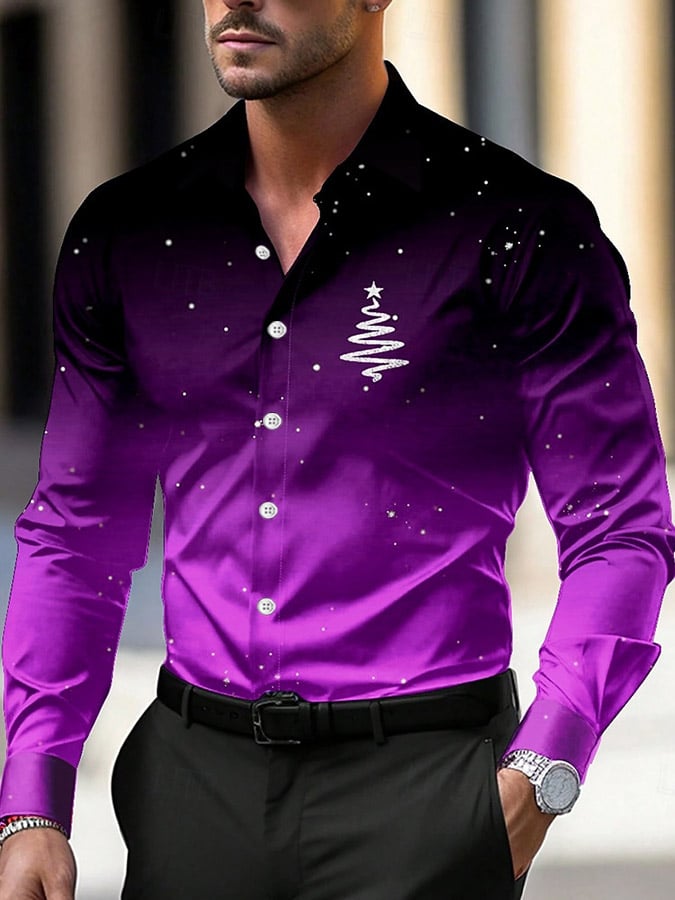 Men's Luxury Christmas Contrast Color Print Long Sleeve Shirt