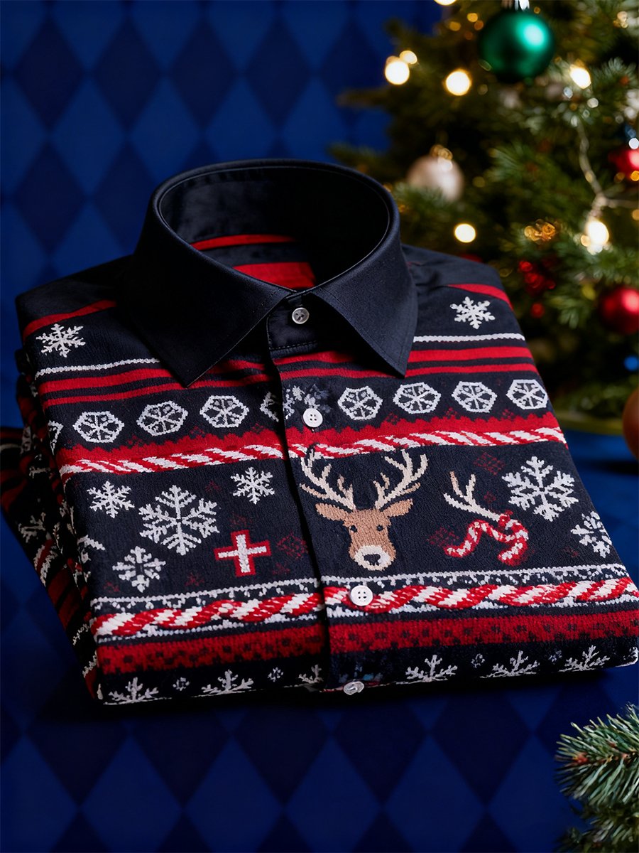 Men's  Christmas Long Sleeve Button-Down Shirt