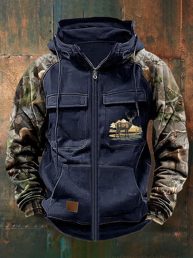 Men's Vintage Western Deer Print Multi-Pocket Jacket