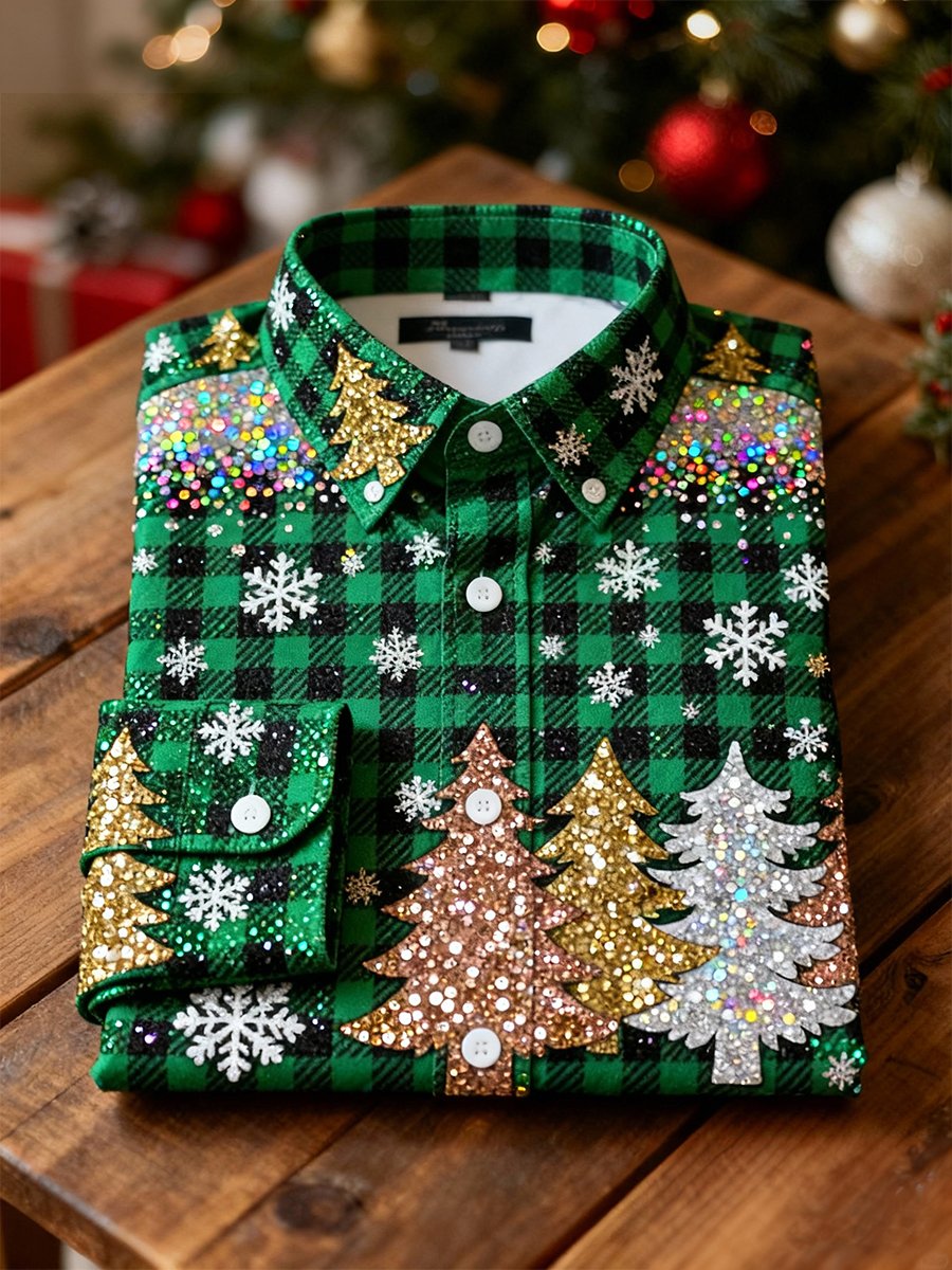 Men's Business Luxury Plaid Christmas Tree Long-Sleeve Shirt