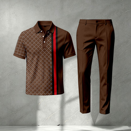 Men's Dark Brown Short-Sleeve Polo Shirt and Pants Set