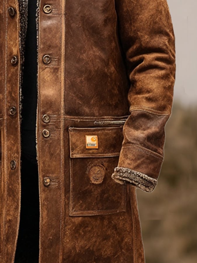 Men's Vintage Distressed Suede and Lambskin Long Coat