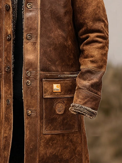 Men's Vintage Distressed Suede and Lambskin Long Coat