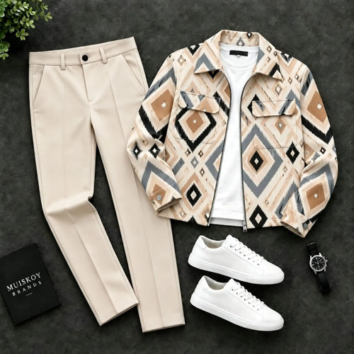 Men's Geometric Diamond-Patterned Jacket and Pants Two-Piece Set