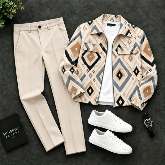 Men's Geometric Diamond-Patterned Jacket and Pants Two-Piece Set