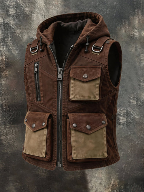 Men's Vintage Multi-Pocket Hooded Zip-Up Vest