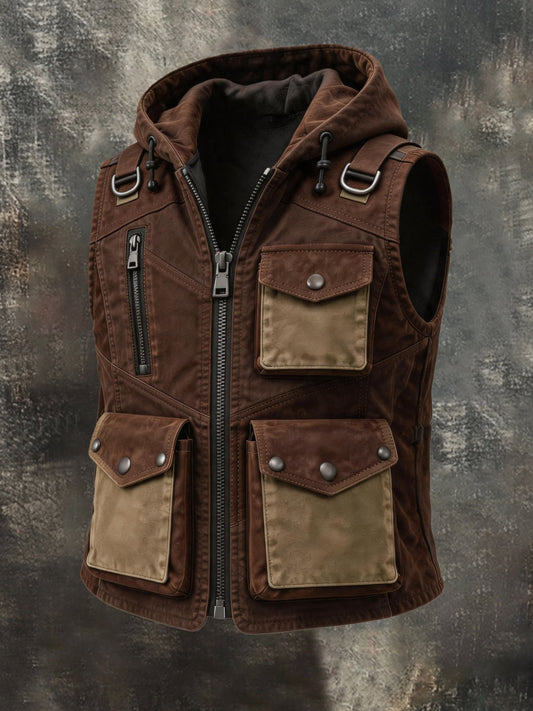 Men's Vintage Multi-Pocket Hooded Zip-Up Vest